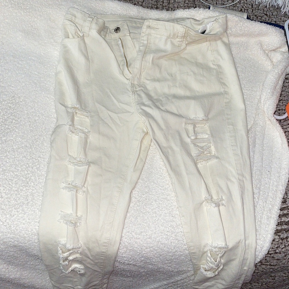 SHEIN off white distress jeans